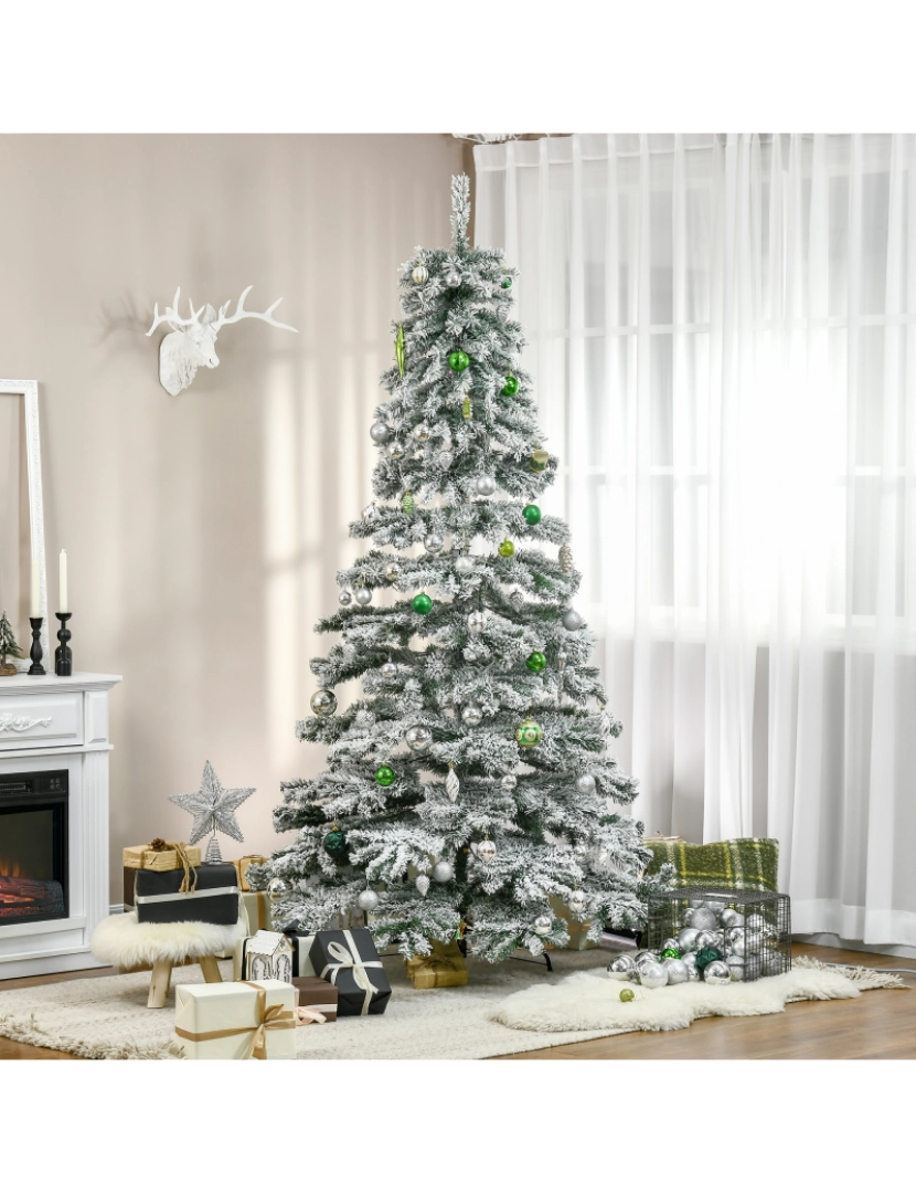 imagem de HOMCOM Árvore de Natal Ø140x225cm Neve Artificial com 1083 Pontas de PVC Base Dobrável e Suporte de Metal Decoração de Natal para Interiores Verde e Branco2
