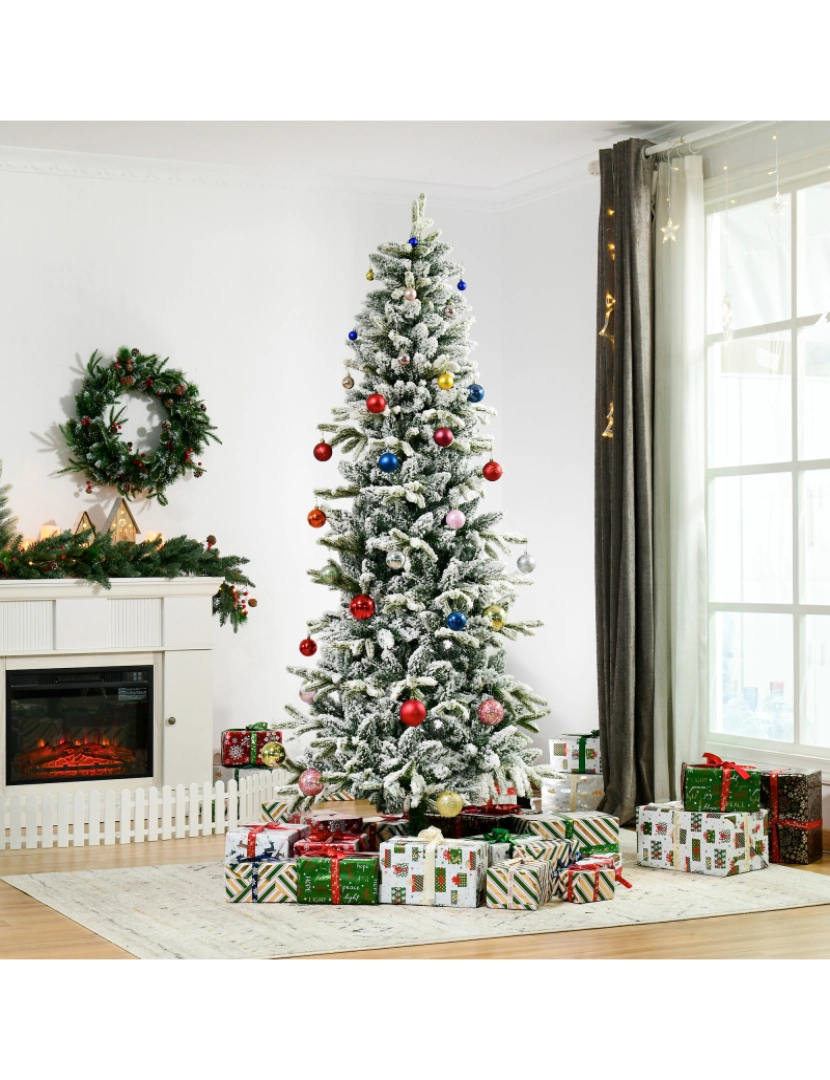 imagem de HOMCOM Árvore de Natal Ø105x210cm Neve Artificial com 784 Pontas de Ramos Ignífugos e Suporte de Aço Decoração de Natal para Interiores Verde e Branco2