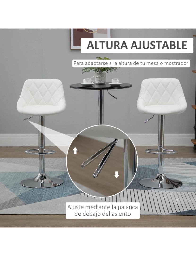 imagem de HOMCOM Conjunto de 2 Bancos de Bar Giratórios com Altura Ajustável Bancos Altos Moderno de Cozinha com Base Redonda e Apoio para os Pés 51,5x48x83-104cm Branco4