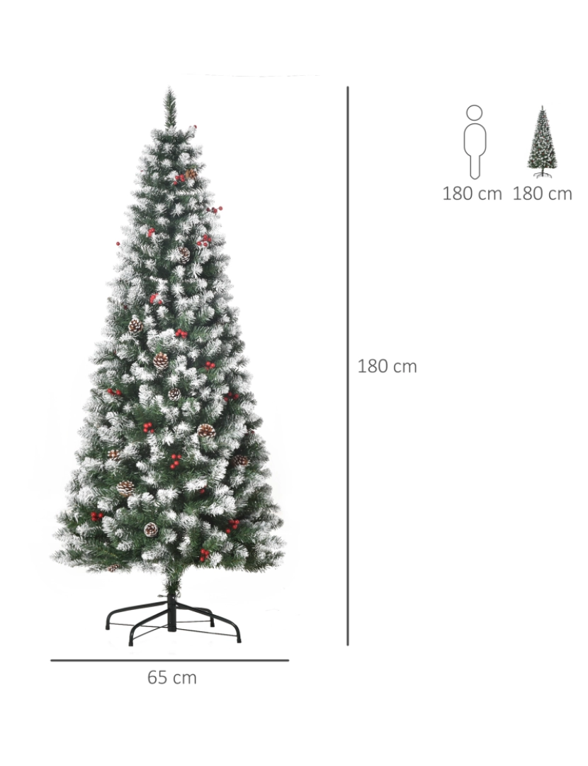 imagem de HOMCOM Árvore de Natal Artificial 180cm Ignífugo com 618 Ramos 34 Bagas 30 Pinhas Folhas de PVC e Suporte Metálico Decoração de Natal para Interiores Verde3