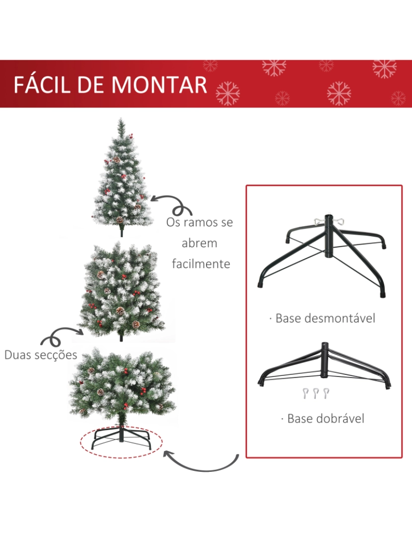 imagem de HOMCOM Árvore de Natal Artificial 180cm Ignífugo com 618 Ramos 34 Bagas 30 Pinhas Folhas de PVC e Suporte Metálico Decoração de Natal para Interiores Verde6
