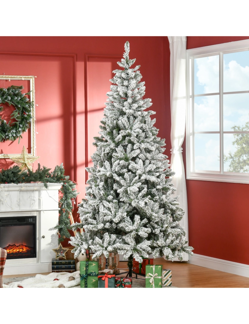 imagem de HOMCOM Árvore de Natal Artificial 255cm com Neve Ignífugo com 1300 Ramos Folhas de PVC Base Dobrável e Suporte Metálico Decoração de Natal para Interiores Verde2