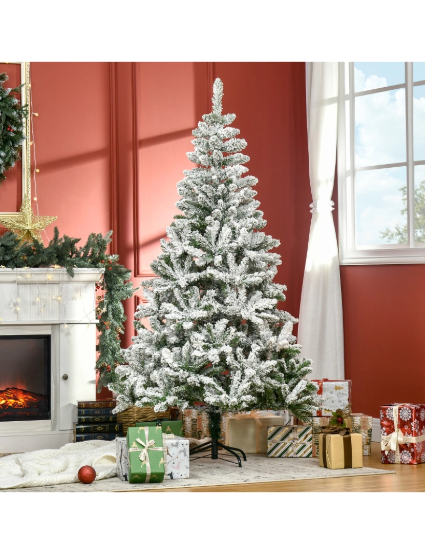 imagem grande de HOMCOM Árvore de Natal Artificial 180cm com Neve Ignífugo com 750 Ramos Folhas de PVC Base Dobrável e Suporte Metálico Decoração de Natal para Interiores Verde2