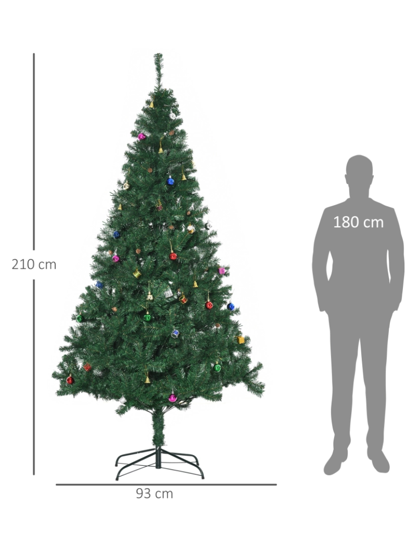 imagem de HOMCOM Árvore de Natal Artificial 210cm Ignífugo com 1036 Ramos 53 Decorações Folhas de PVC e Suporte Metálico Decoração de Natal para Interior Verde3