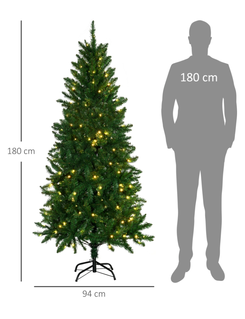 imagem de HOMCOM Árvore de Natal Artificial Altura 180cm Ignífugo com 714 Ramos 200 Luzes LED IPX2 8 Modos Folhas de PVC Base Dobrável e Suporte Metálico Decoração de Natal para Interiores Verde3