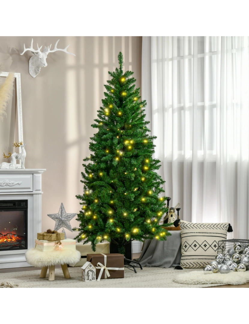 imagem de HOMCOM Árvore de Natal Artificial Altura 180cm Ignífugo com 714 Ramos 200 Luzes LED IPX2 8 Modos Folhas de PVC Base Dobrável e Suporte Metálico Decoração de Natal para Interiores Verde4