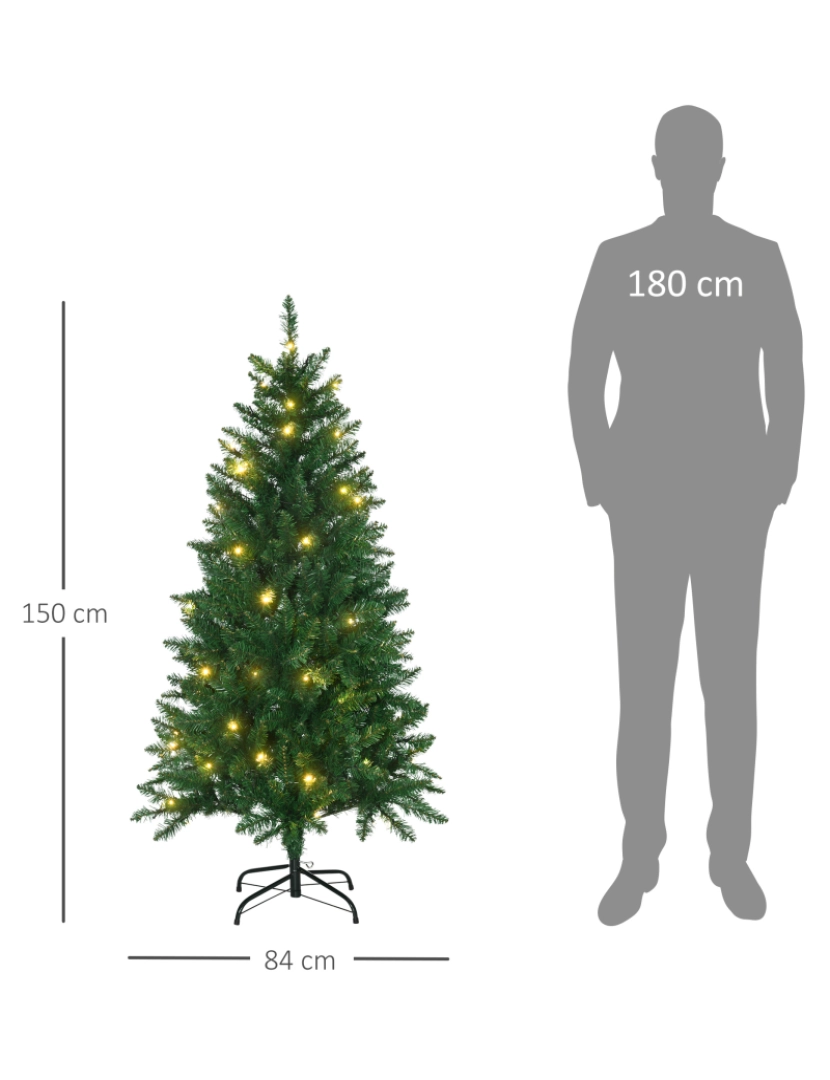 imagem grande de HOMCOM Árvore de Natal Artificial Altura 150cm Ignífugo com 502 Ramos 150 Luzes LED IPX2 8 Modos Folhas de PVC Base Dobrável e Suporte Metálico Decoração de Natal para Interiores Verde3