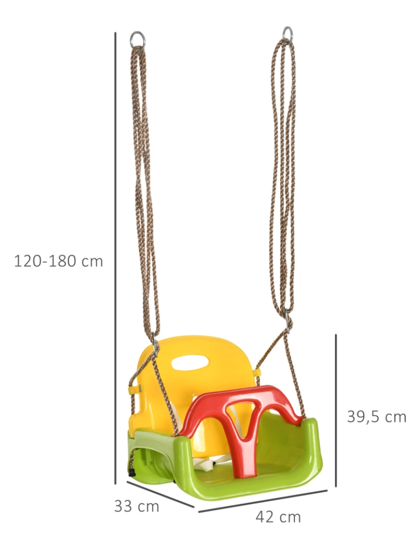 imagem de Outsunny Baloiço para Bebé 3 em 1 com Encosto Desmontável Cordas Ajustáveis e Barra em T Baloiço Infantil para Crianças de 9-36 Meses para Interior e Exterior 42x33x120-180 cm Multicor3