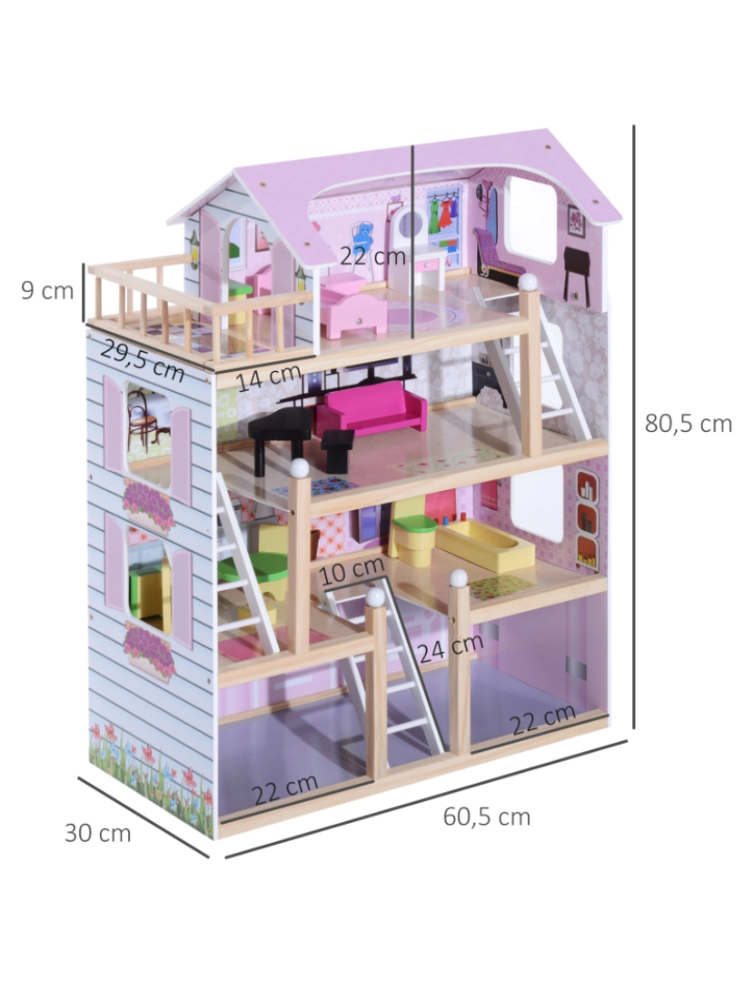 imagem grande de Casa de Bonecas Infantil 60,5x30x80,5cm cor rosa 350-0113