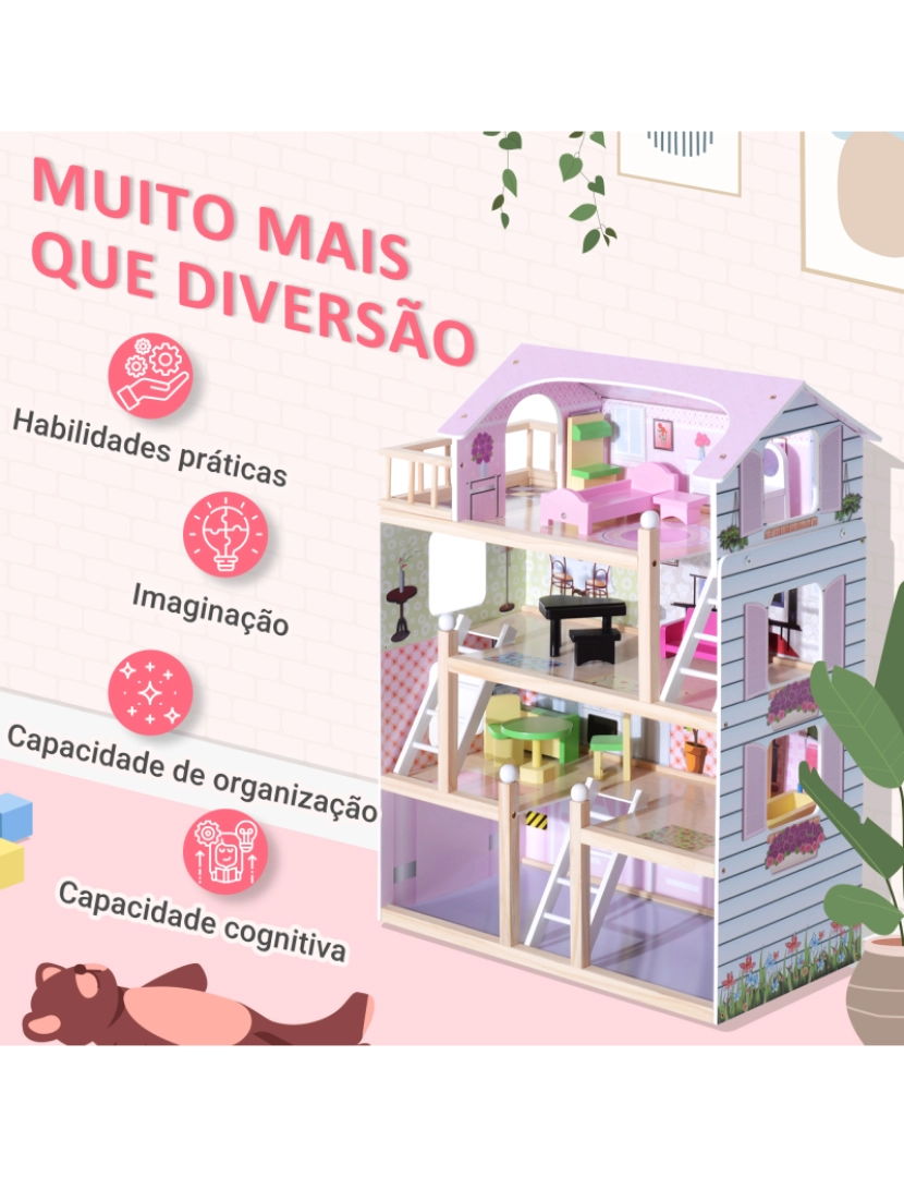 imagem grande de Casa de Bonecas Infantil 60,5x30x80,5cm cor rosa 350-0115
