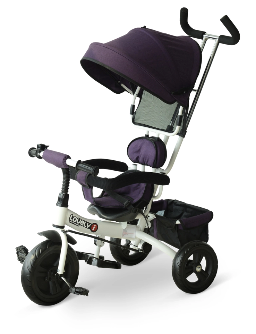 Homcom - Triciclo para Crianças com Capota – Cor Roxo e Branco – Ferro, Plástico e Tela – 92 x 51 x 110 cm