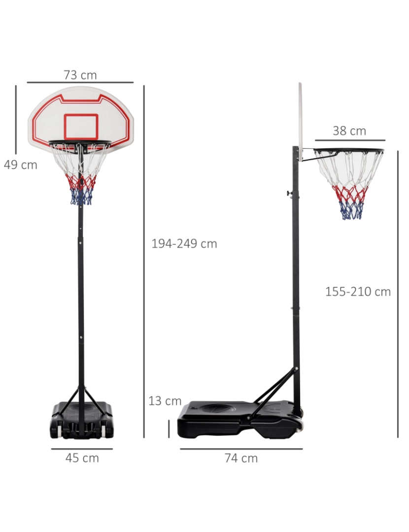 imagem de Suporte de cesta de basquetebol 71x74x170-250cm cor preto, vermelho e branco A61-0033