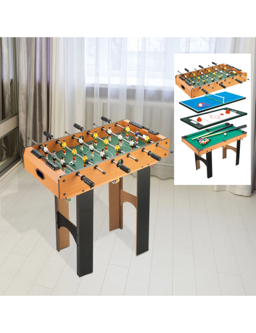 imagem de HomCom Mesa Multijogo 4 em 1 Inclui futebol mesa Air Hocker Ping-Pong e Bilhar – Jogo de Madeira – 87x43x73cm2