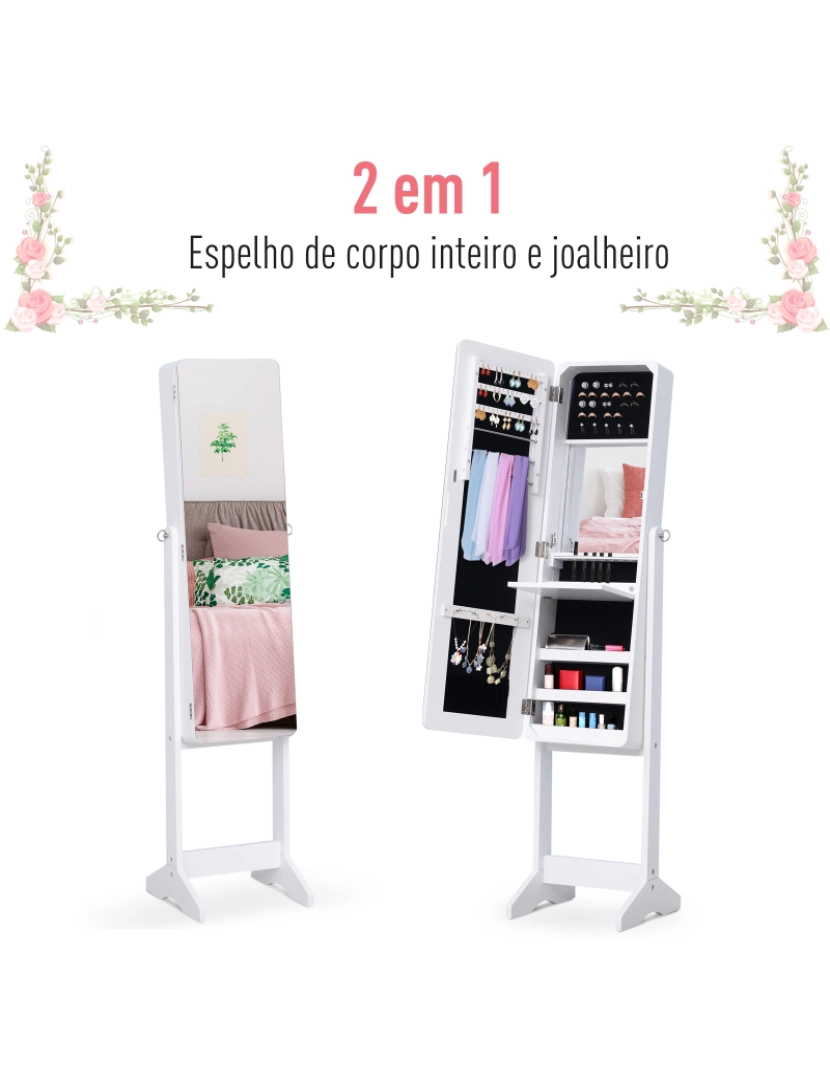imagem de HOMCOM Guarda-Joias de Pé, com Espelho, Armário para Joias Luzes LED de luz Reclinável Guarda-Joias Anéis Brincos Colares Madeira 30x36x146cm Branco7