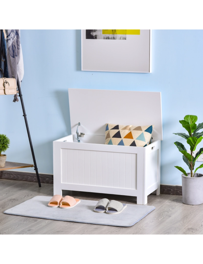 imagem de HOMCOM Cacifo de madeira para armazenamento de roupas brinquedos Banco de armazenamento para sala de estar e banheiro Carga 20kg Branco 81x40x46cm2