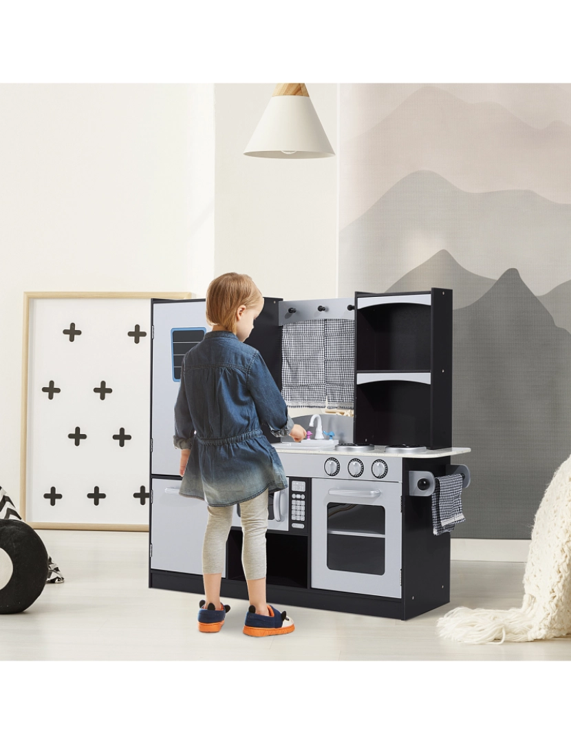 imagem de HOMCOM Grande cozinha infantil de madeira Jogo de imitação para crianças acima de 3 anos com acessórios de forno de microondas Pia 105x31,5x95cm2