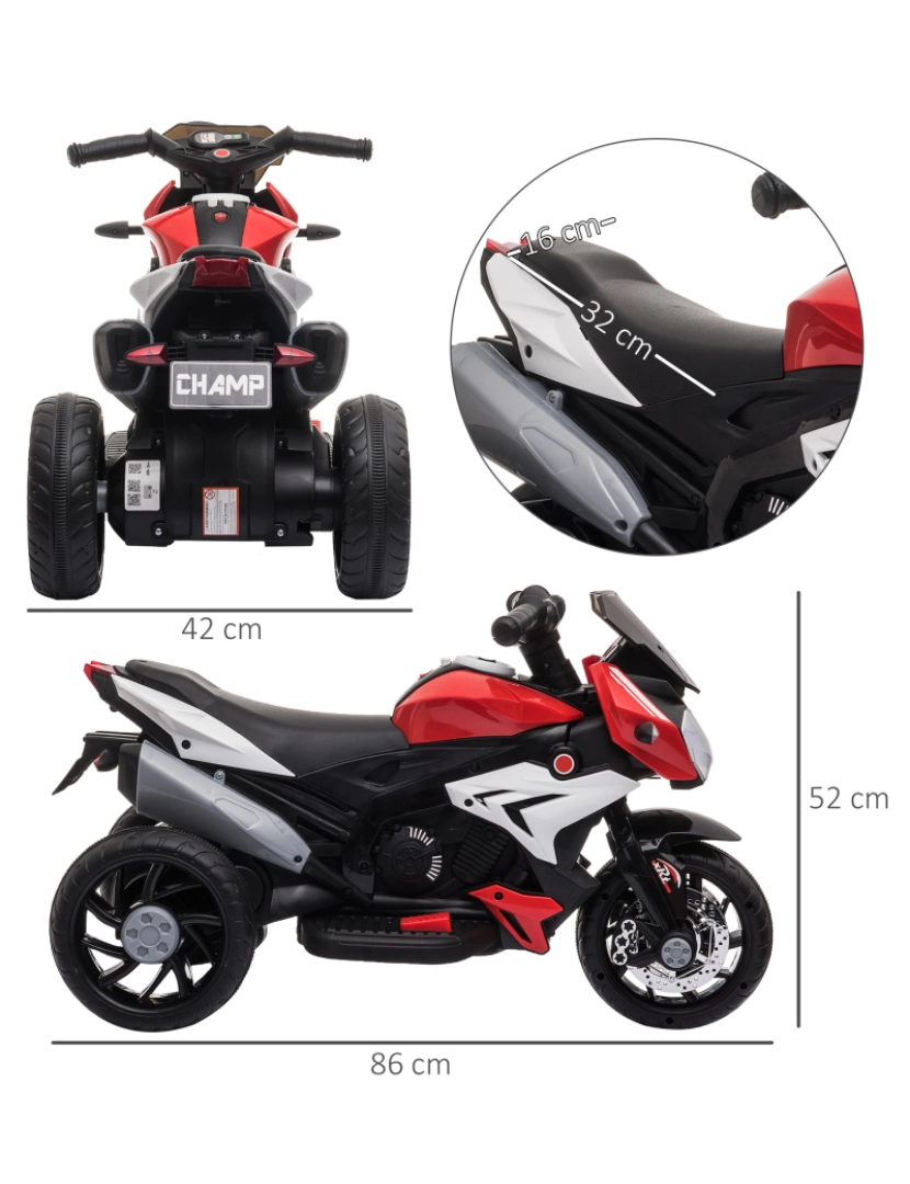 imagem de Motocicleta Elétrica para Crianças 86x42x52cm cor preto e vermelho 370-103V90RD3