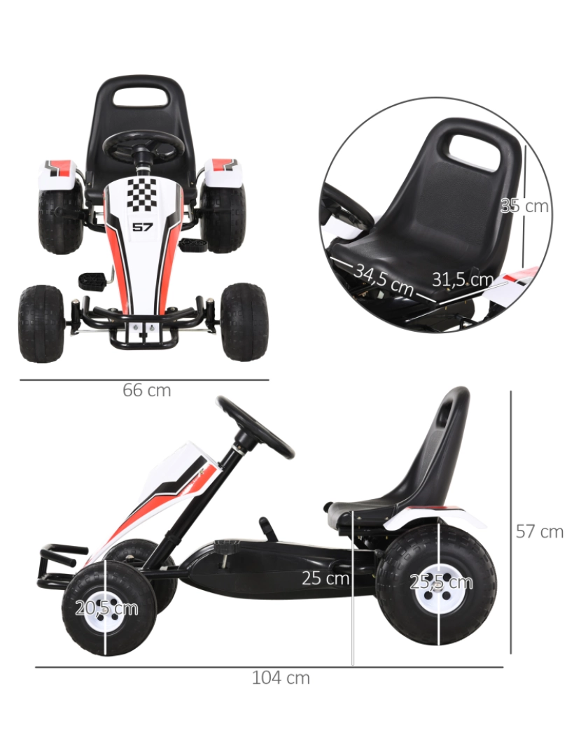 imagem de Go Kart a Pedais Infantil 104x66x57cm cor branco, vermelho e preto 341-0363