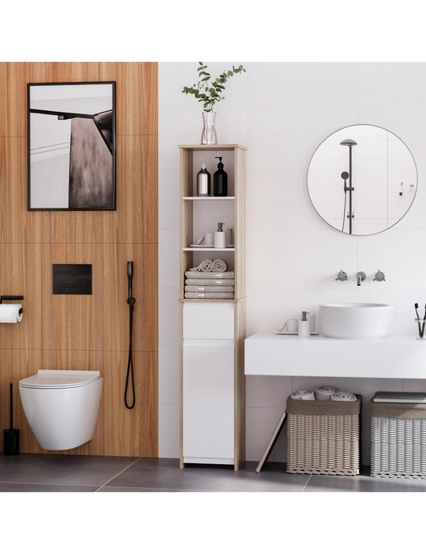imagem de Armário de banheiro alto 32.6cmx30cmx171.2cm cor madeira natural, branco 834-3182