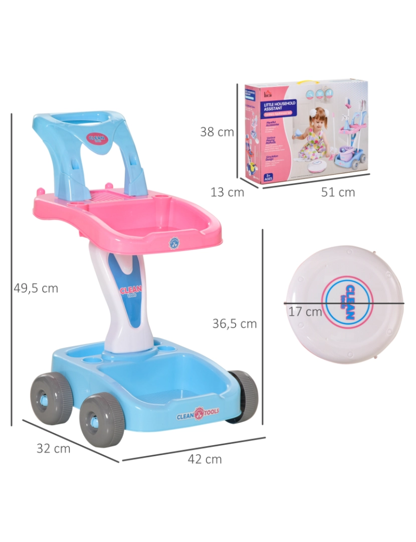 imagem de Carrinho de Limpeza para Crianças 42x32x49.5cm cor rosa e azul 350-1253