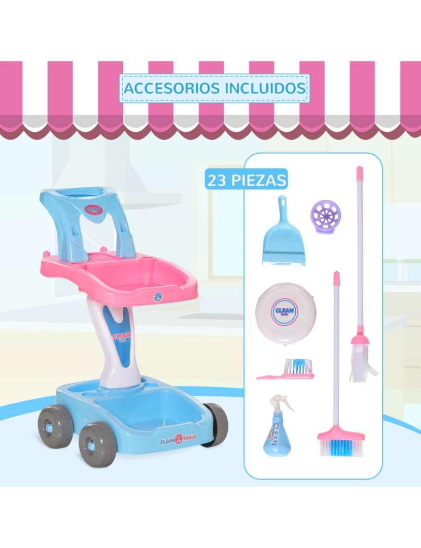 imagem de Carrinho de Limpeza para Crianças 42x32x49.5cm cor rosa e azul 350-1254