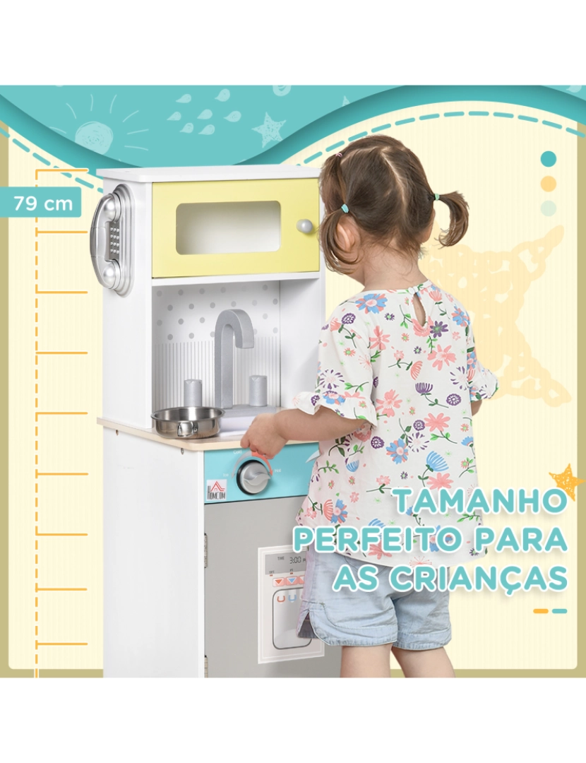 imagem de Cozinha Infantil de Madeira 32x30x79cm cor madeira natural, branco, cinza, amarelo e azul 350-1047