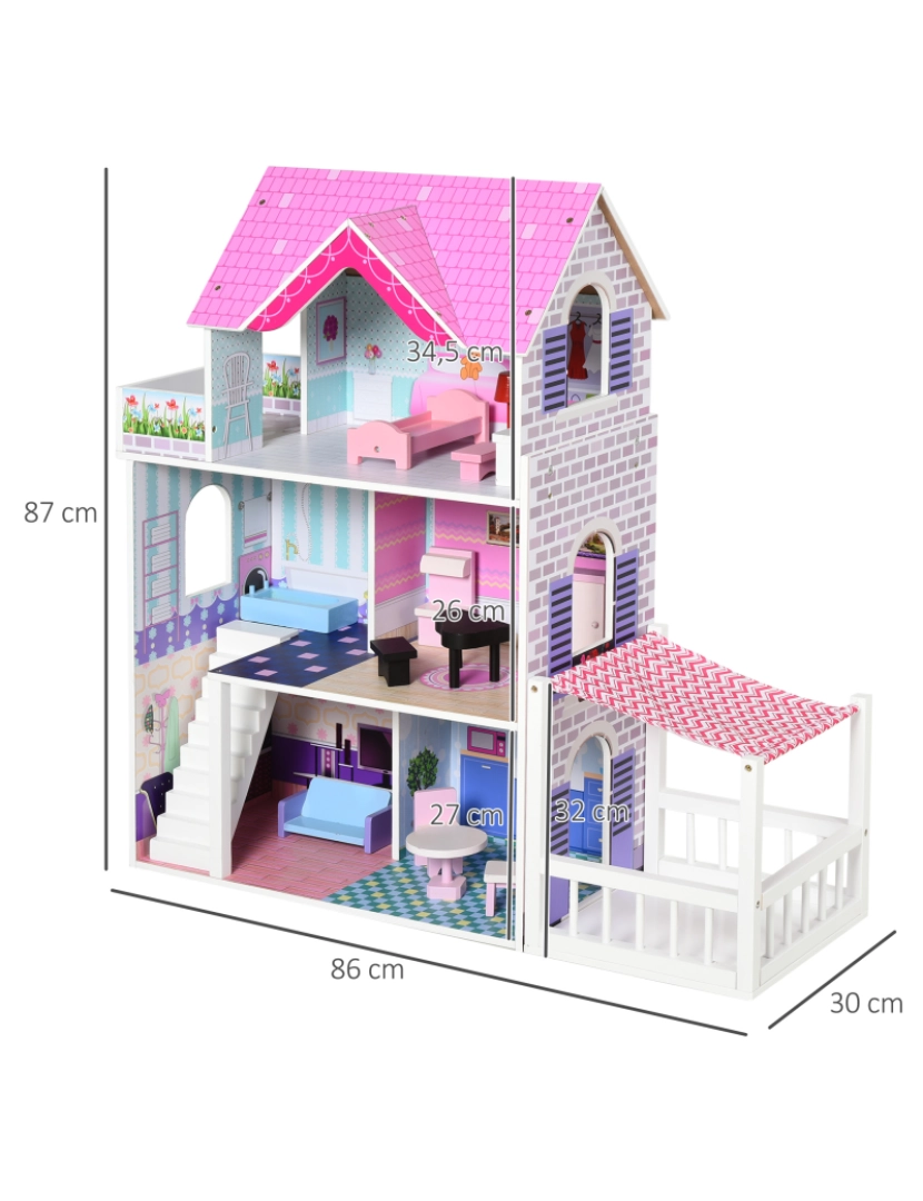 imagem grande de HOMCOM Casa de bonecas 3 andares com Pátio Mobília acessórios Madeira 86x30x87 cm Rosa3