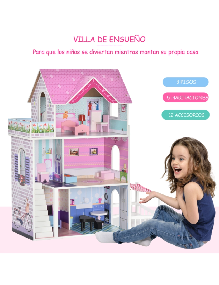 imagem de HOMCOM Casa de bonecas 3 andares com Pátio Mobília acessórios Madeira 86x30x87 cm Rosa7
