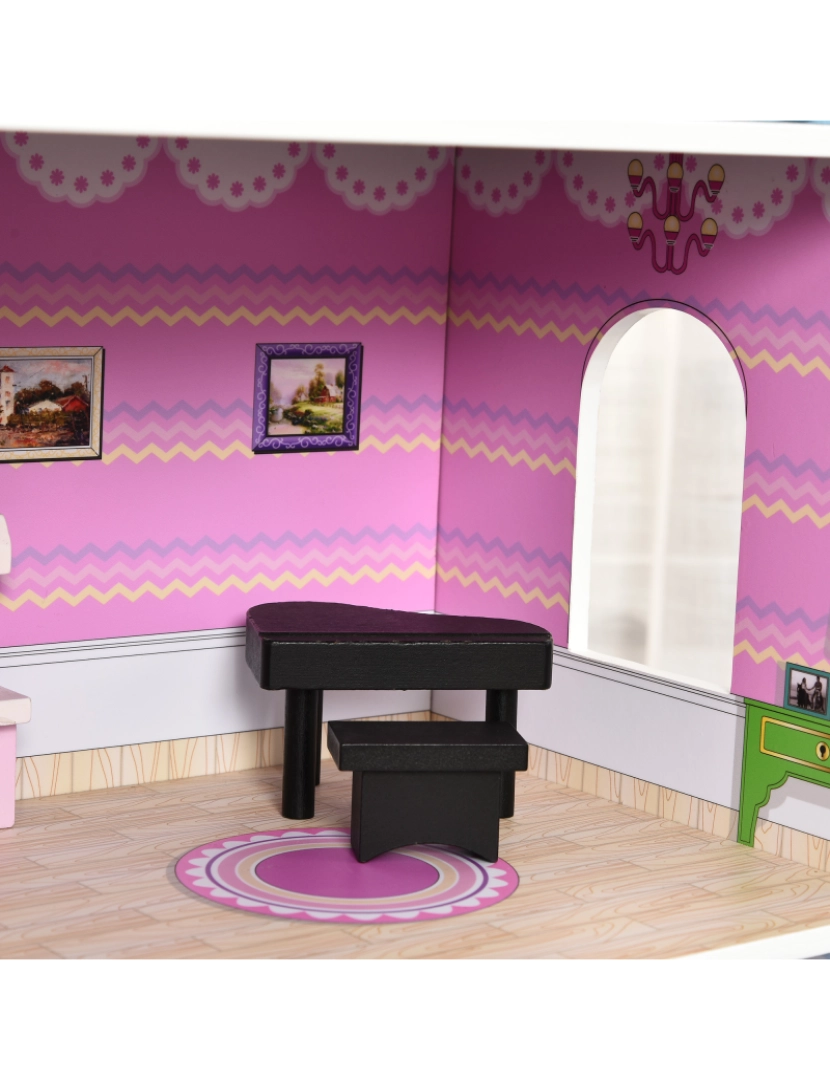 imagem de HOMCOM Casa de bonecas 3 andares com Pátio Mobília acessórios Madeira 86x30x87 cm Rosa8