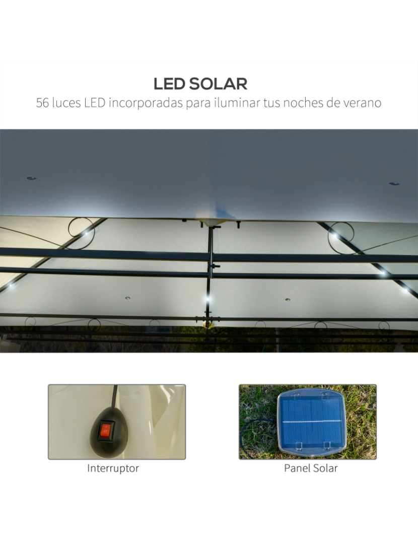 imagem de Outsunny Pérgola de jardim 4x3 m com teto duplo 6 cortinas laterais luz LED com painel solar para pátio terraço cor creme5