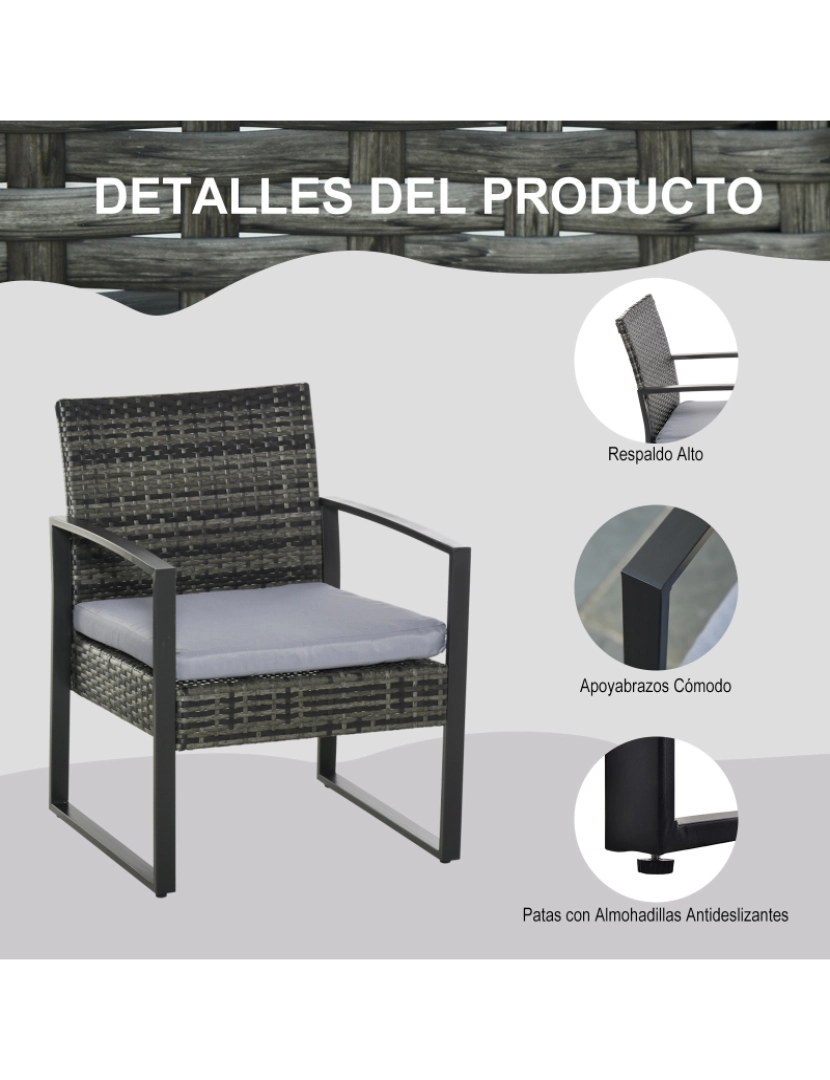 imagem de Outsunny Conjunto de Móveis de Jardim de vime 3 Peças com 1 Mesa 42,5x40x39 cm 2 Poltronas 63x57x76 cm Almofada Acolchoada para Pátio Varanda Cinza6