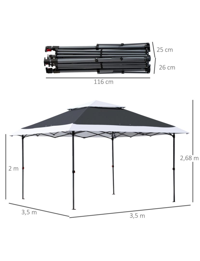 imagem de Outsunny Pérgolal para festas 3,5 x 3,5 m altura ajustável em 3 posições com teto duplo e bolsa de transporte com rodas de aço para jardim externo cinza e branco3