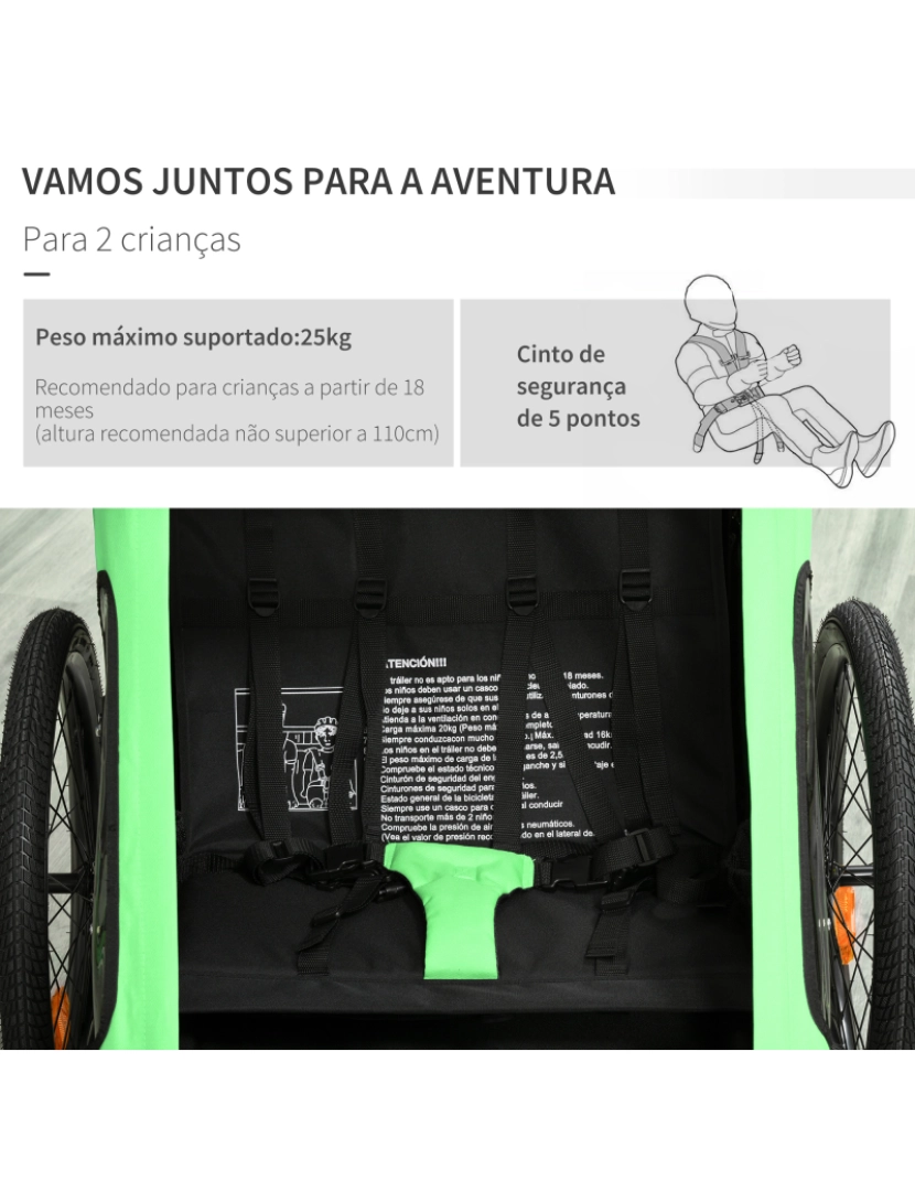 imagem grande de Reboque de Bicicleta para Crianças 160x83x96cm cor verde e preto 440-017GN5