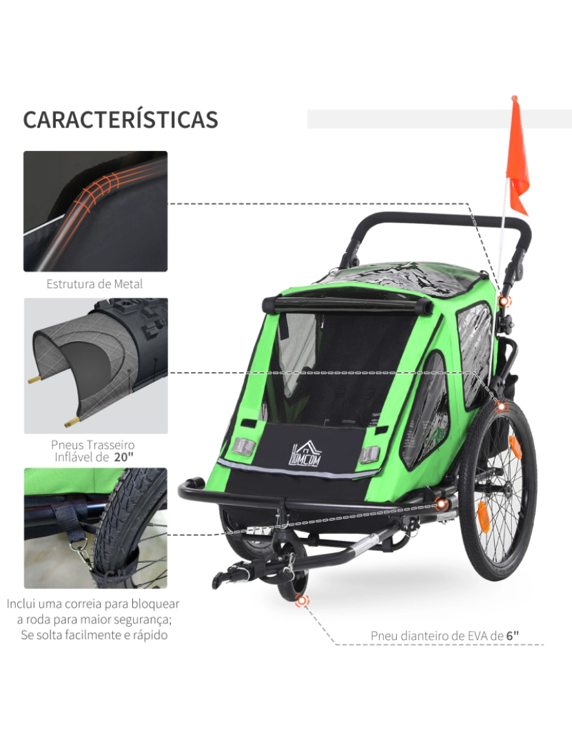 imagem de Reboque de Bicicleta para Crianças 160x83x96cm cor verde e preto 440-017GN6