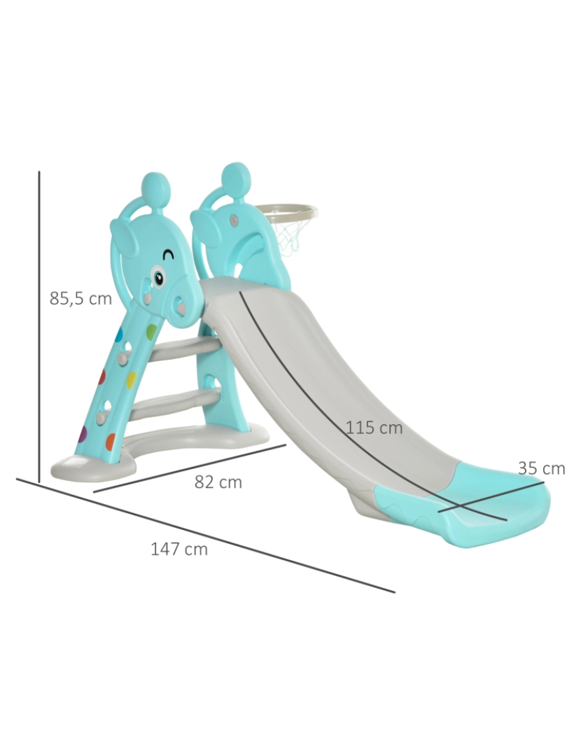 imagem de HOMCOM Escorrega Infantil Dobrável com Cesta de Basquetebol para Crianças acima de 18 meses Modelo Girafa para Interiores e Exteriores 140x87x75cm Azul e Cinza3