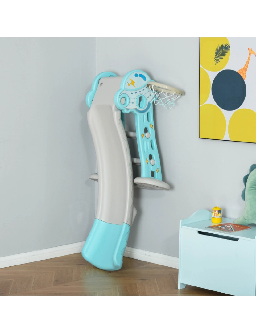 imagem de HOMCOM Escorrega Infantil Dobrável com Cesta de Basquetebol para Crianças acima de 18 meses Modelo Disco Voador para Interiores e Exteriores 140x87x75cm Azul e Cinza8