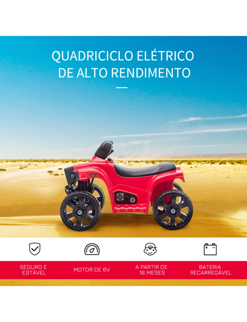 imagem grande de HOMCOM Quadriciclo Elétrico para Crianças acima de 18 Meses Quadriciclo Infantil a Bateria 6V Faróis Buzina Velocidade -3km/h Avanço e Recuo 65x40x43cm Vermelho4