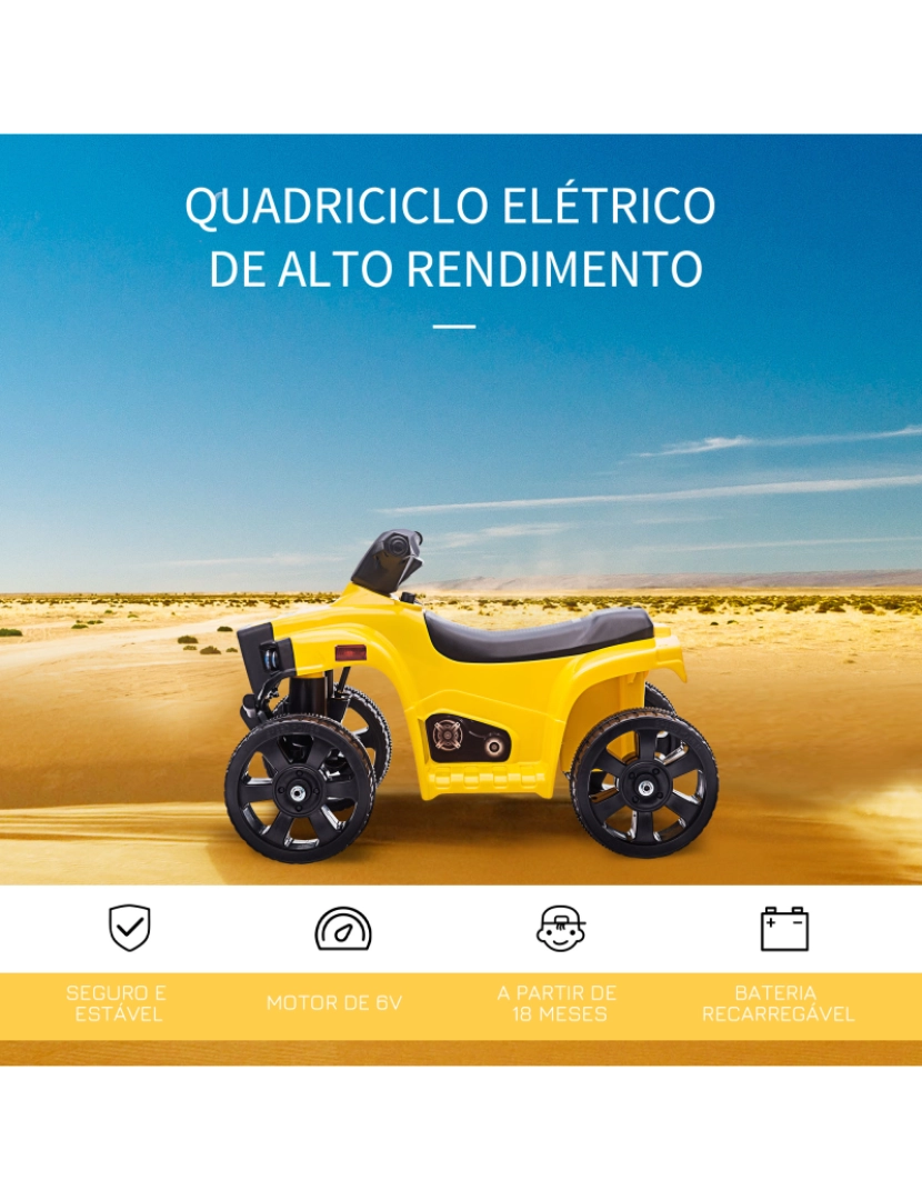 imagem de HOMCOM Quadriciclo Elétrico para Crianças acima de 18 Meses Quadriciclo Infantil a Bateria 6V Faróis Buzina Velocidade -3km/h Avanço e Recuo 65x40x43cm Amarelo4