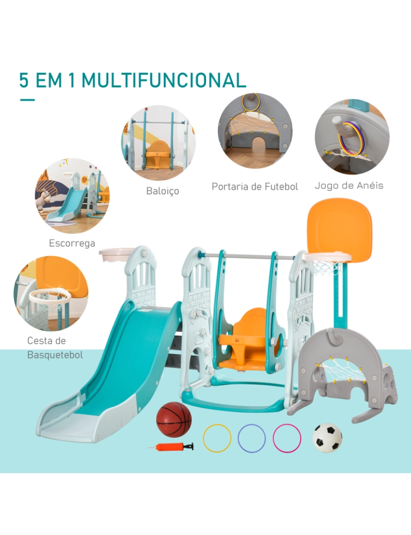 imagem de HOMCOM 5 em 1 Escorrega e Baloiço para Crianças acima de 18 meses com 2 Cestas de Basquetebol Porteria de Futbol com Assento Ajustável Parque Infantil Interior e Exterior 210x186x133cm Multicor4