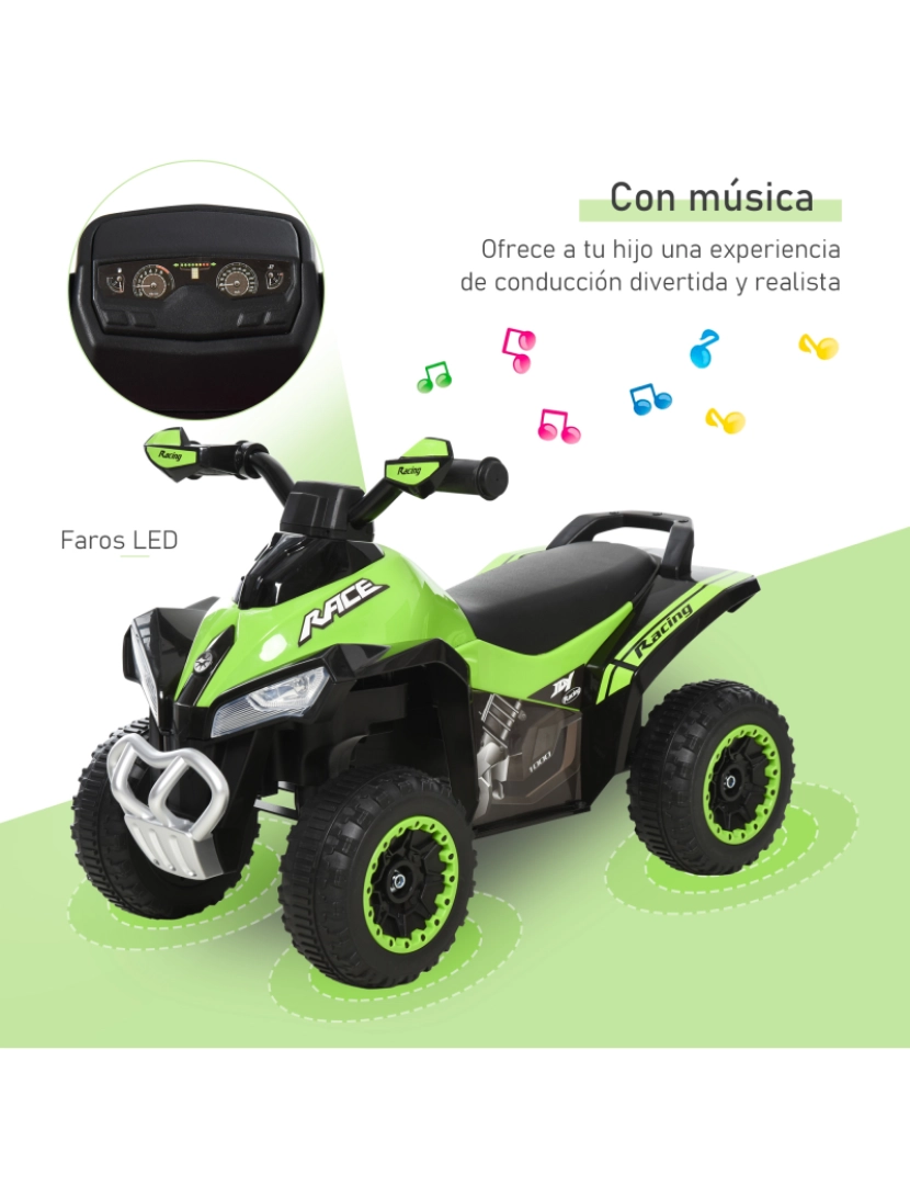 imagem de HOMCOM Quadriciclo Infantil para Crianças acima de 18 Meses com Função de Luzes e Música Desenho Inovador Suporta até 20kg 67,5x38x44cm Verde4