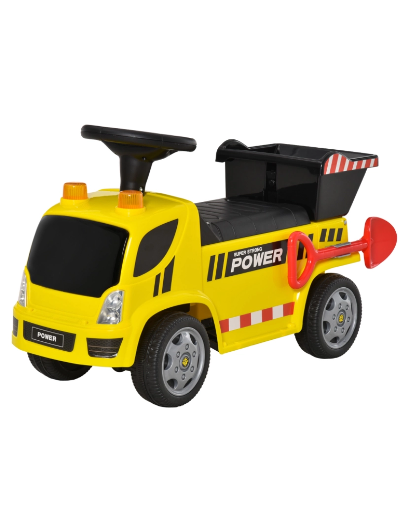 Homcom - HOMCOM Carro Andador para Bebés acima de 18 meses Tipo Caminhão com Música Faróis Caixa Dobrável e Pá Veículo sem Pedais de Brinquedo 72x28,2x42cm Amarelo