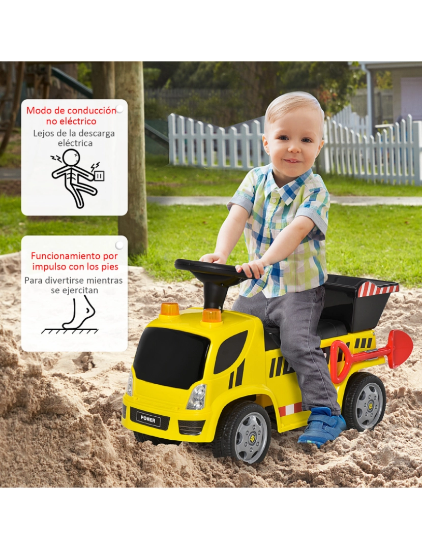 imagem de HOMCOM Carro Andador para Bebés acima de 18 meses Tipo Caminhão com Música Faróis Caixa Dobrável e Pá Veículo sem Pedais de Brinquedo 72x28,2x42cm Amarelo4