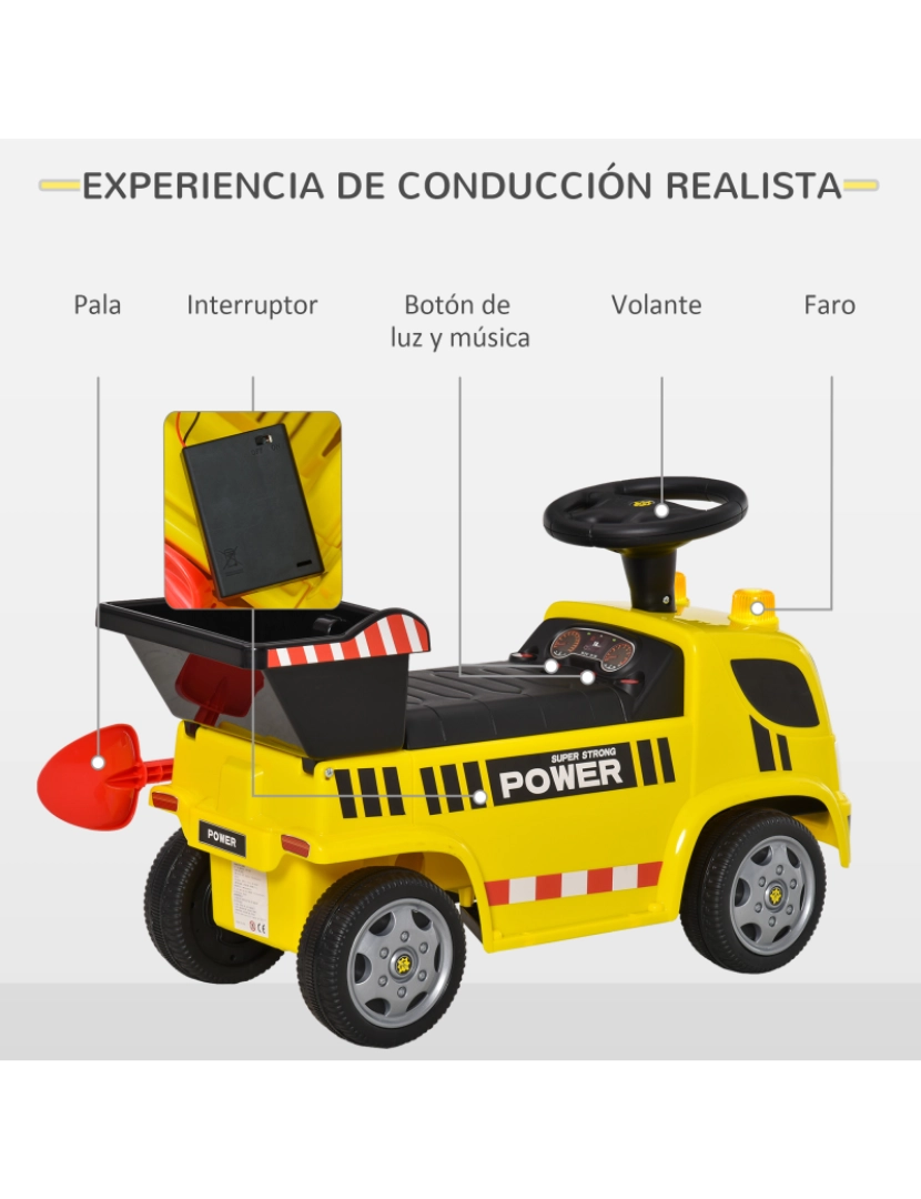 imagem de HOMCOM Carro Andador para Bebés acima de 18 meses Tipo Caminhão com Música Faróis Caixa Dobrável e Pá Veículo sem Pedais de Brinquedo 72x28,2x42cm Amarelo6