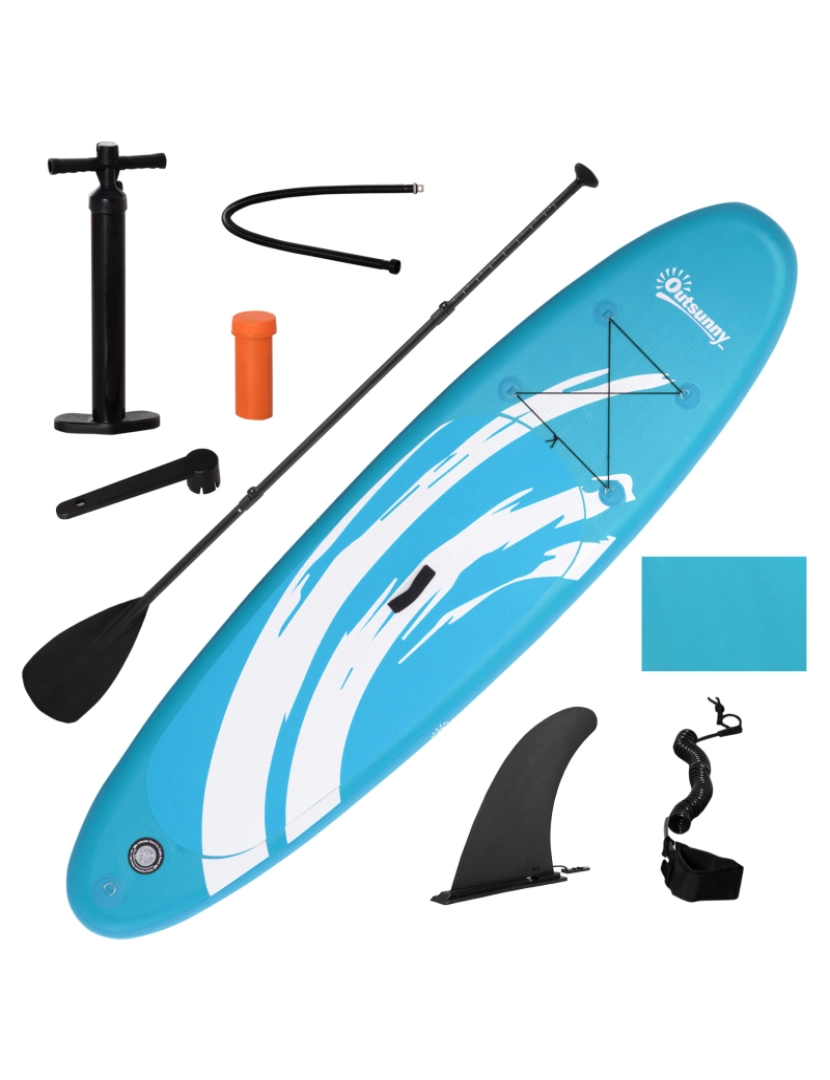 imagem de Outsunny Prancha de Paddle Surf Insuflável 300x76x15cm Prancha de Stand Up Insuflável com Remo Ajustável Barbatanas Superfície Antiderrapante Bomba e Bolsa de Transporte Azul2