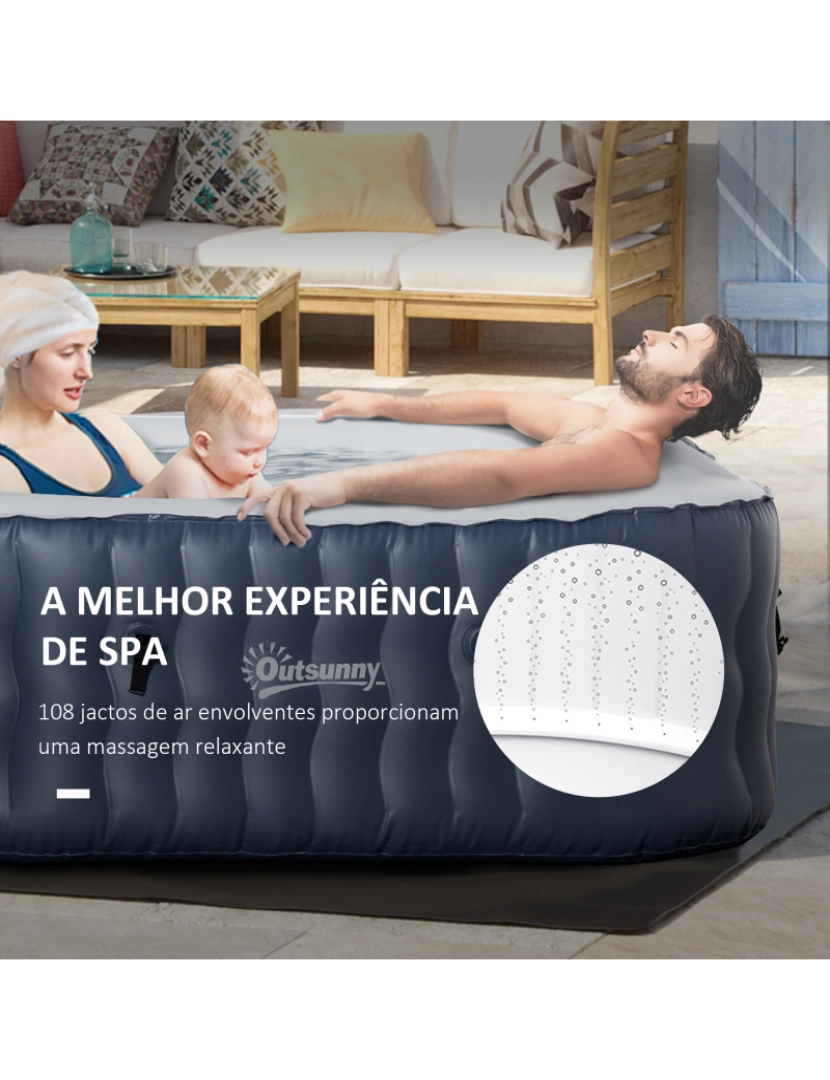 imagem de Outsunny SPA Insuflável Quadrado para 4-6 Pessoas 930L Jacuzzi Insuflável 180x180x68cm com 108 Jatos de Massagem Aquecimento Controlo Remoto Filtro e Tapete para Exterior Azul5