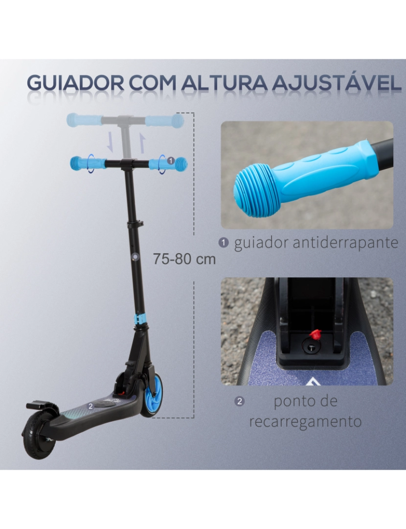 imagem de HOMCOM Trotinete Elétrica para Crianças acima de 6 Anos Trotinete Elétrica Dobrável com Altura Ajustável Bateria 24V Velocidade Máxima 8km/h Carga Máxima 50kg 71x36,5x75-80cm Azul7