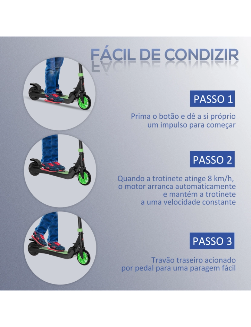 imagem de HOMCOM Trotinete Elétrica para Crianças acima de 6 Anos Trotinete Elétrica Dobrável com Altura Ajustável Bateria 24V Velocidade Máxima 8km/h Carga Máxima 50kg 71x36,5x75-80cm Verde5