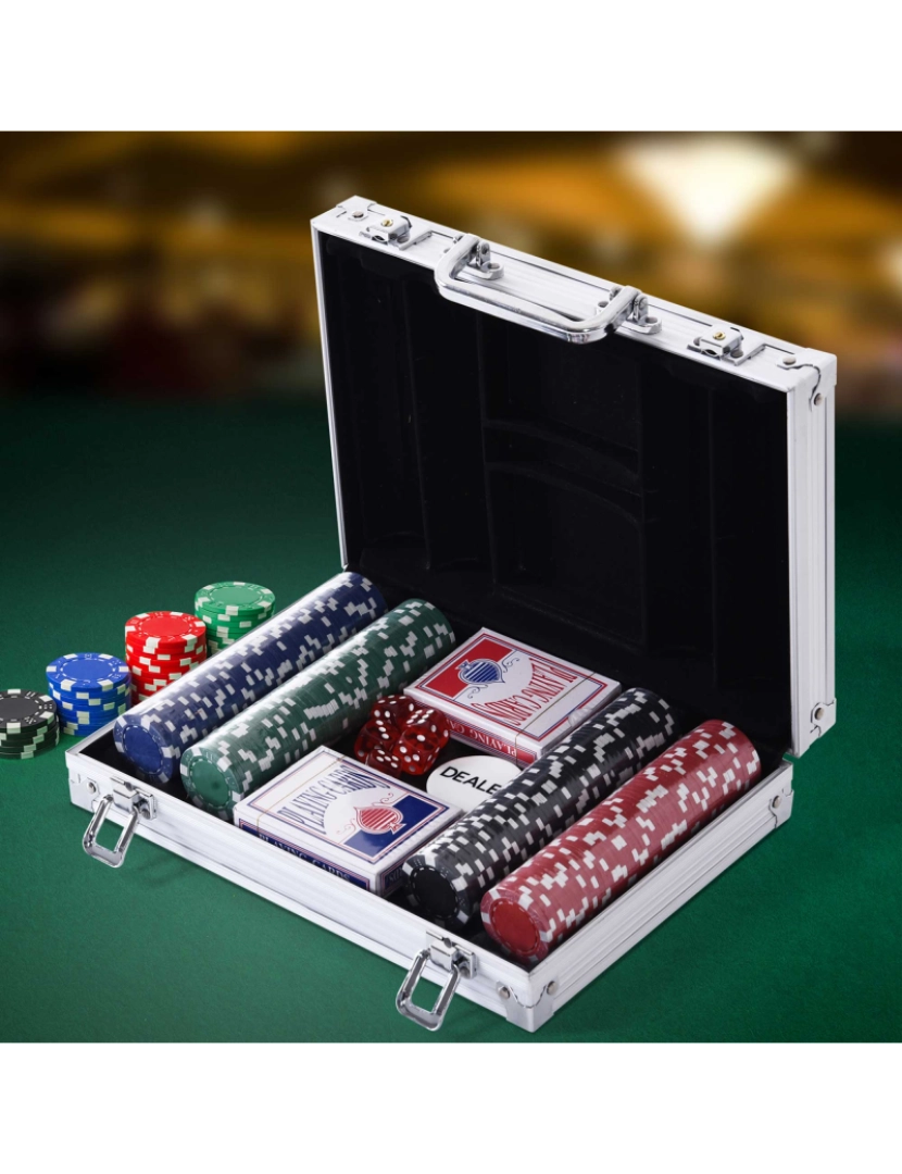 imagem de HOMCOM Mala de Poker Profissional com 200 Fichas Jogo de Pôquer Casino com Maleta de Alumínio 5 Dados 2 Baralhos de Cartas e 1 Ficha de Dealer 29,5x20,5x6,5cm Multicor2