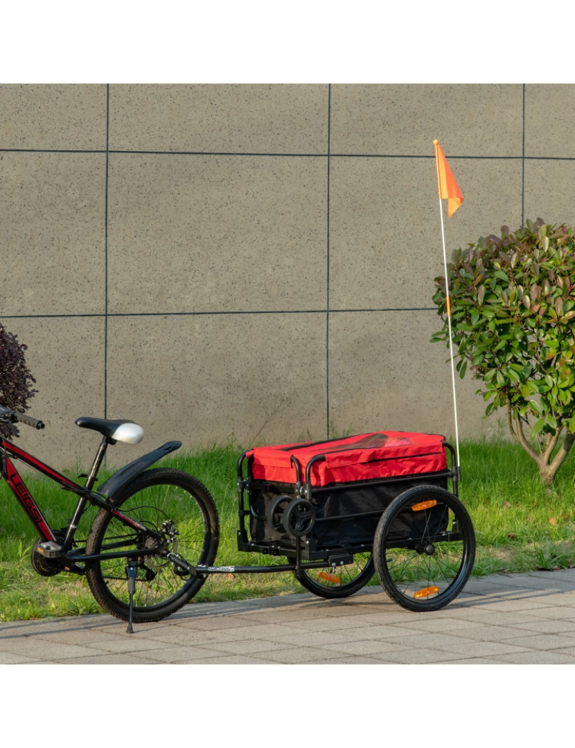 imagem de HOMCOM Reboque de Bicicleta para Carga 40kg Carrinho de Transporte com Bandeira Guiador Desmontável Estrutura de Aço e Refletores 130x64x103cm Preto e Vermelho2