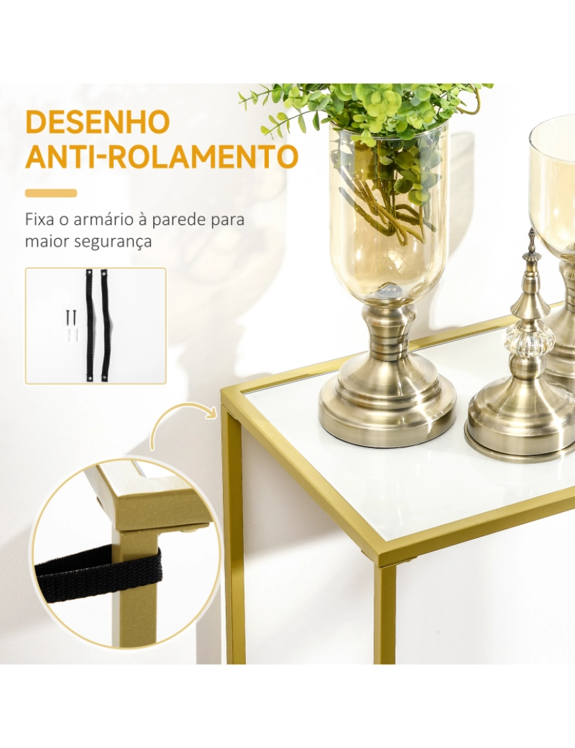 imagem de HOMCOM Mesa Consola Mesa de Entrada com Vidro e Estrutura de Aço para Corredor Sala de Estar Estilo Moderno com Anti-Rolamento Carga Máxima 25kg 100,5x35x80cm Branco e Dourado7